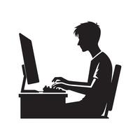 A person is sitting and operating a computer silhouette art illustration. vector