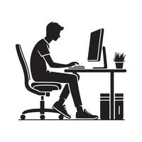 A person is sitting and operating a computer silhouette art illustration. vector