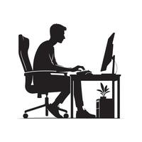 A person is sitting and operating a computer silhouette art illustration. vector