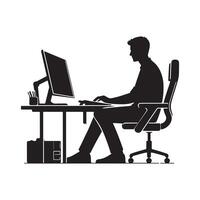 A person is sitting and operating a computer silhouette art illustration. vector