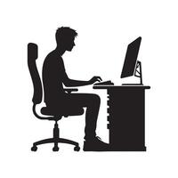 A person is sitting and operating a computer silhouette art illustration. vector