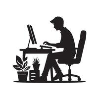 A person is sitting and operating a computer silhouette art illustration. vector