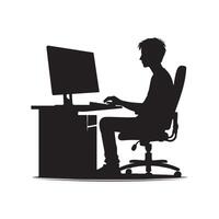 A person is sitting and operating a computer silhouette art illustration. vector