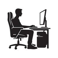 A person is sitting and operating a computer silhouette art illustration. vector