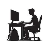 A person is sitting and operating a computer silhouette art illustration. vector