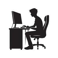 A person is sitting and operating a computer silhouette art illustration. vector