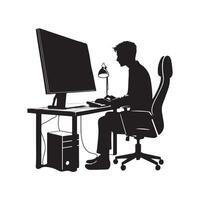 A person is sitting and operating a computer silhouette art illustration. vector