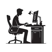 A person is sitting and operating a computer silhouette art illustration. vector