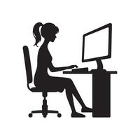 A person is sitting and operating a computer silhouette art illustration. vector