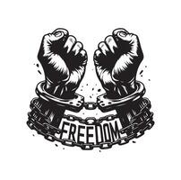 A pair of hands chained to a chain with the text words freedom. A pair of hand in handcuff. Hand drawn illustration. vector