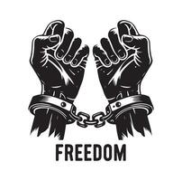 A pair of hands chained to a chain with the text words freedom. A pair of hand in handcuff. Hand drawn illustration. vector