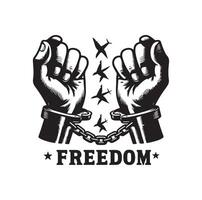 A pair of hands chained to a chain with the text words freedom. A pair of hand in handcuff. Hand drawn illustration. vector