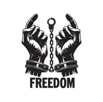 A pair of hands chained to a chain with the text words freedom. A pair of hand in handcuff. Hand drawn illustration. vector