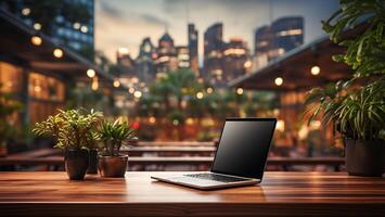 Empty wooden table montage with laptop on wooden table with blur office building and cityscape in sunset background. Business and technology concept. Ai-Generated photo