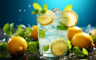 Refreshing drink with ice, lemon and mint. Cold lemonade on light blue table. Ai-Generated photo