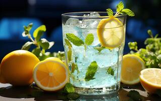 Refreshing drink with ice, lemon and mint. Cold lemonade on light blue table. Ai-Generated photo