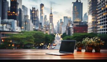 Empty wooden table montage with laptop on wooden table with blur office building and cityscape in sunset background. Business and technology concept. Ai-Generated photo