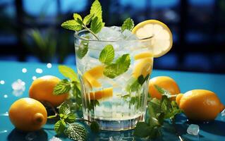 Refreshing drink with ice, lemon and mint. Cold lemonade on light blue table. Ai-Generated photo