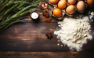 Ingredients for baking with carton of eggs, flour, sugar and butter on wooden floor. Flat lay and top view. Ai-Generated photo