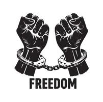 A pair of hands chained to a chain with the text words freedom. A pair of hand in handcuff. Hand drawn illustration. vector