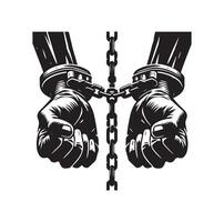 A pair of hands chained to a chain with the text words freedom. A pair of hand in handcuff. Hand drawn illustration. vector