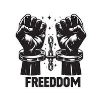 A pair of hands chained to a chain with the text words freedom. A pair of hand in handcuff. Hand drawn illustration. vector