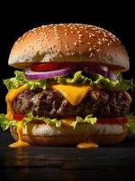 Hamburger on sesame seed bun with fixings photo