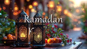 Ramadan Kareem lettering animated in the background with Arabic lantern lamps, dates, and oranges video