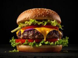 Hamburger on sesame seed bun with fixings photo