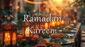 Ramadan Kareem lettering animated in the background with Arabic lantern lamps, dates, and oranges video