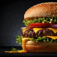 Hamburger on sesame seed bun with fixings photo