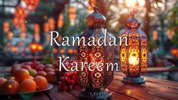 Ramadan Kareem lettering animated in the background with Arabic lantern lamps, dates, and oranges video