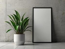 Interior poster mock up with vertical empty wooden frame,Scandinavian style,3d rendering photo