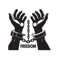 A pair of hands chained to a chain with the text words freedom. A pair of hand in handcuff. Hand drawn illustration. vector
