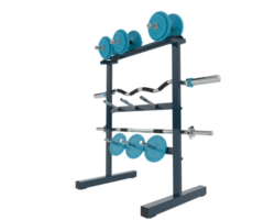 Weights on rack isolated on background. 3d rendering - illustration png