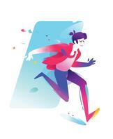 Illustration of a running guy in a business suit. . A cute character runs from the portal doors. The illustration is isolated on a white background. Mascot for banner, poster and print. vector