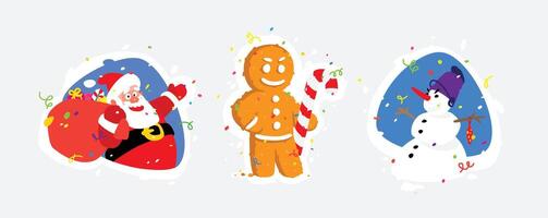 Illustrations of characters for the New Year. Santa Claus, Snowman, Gingerbread. Characters stickers for banner, site and print. Images are isolated on background. Fashionable bright illustration. vector