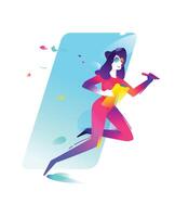 Illustration of a girl in glasses and with a tablet. A cute character in a comic, cartoonish style. Check in. The illustration is isolated on a white background. Mascot for banner, poster and print. vector