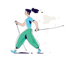 Illustration of the girl Scandinavian walking. The flat . Hiking in nature. The illustration is isolated on a white background. Scandinavian walking with sticks. Athletic way of life. Summer. vector