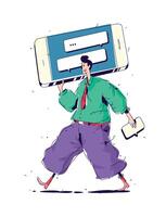 Illustration Men with big smartphone. Manager and messages in the chat, sending advertisements via SMS. Image is isolated on white background. Illustration for banner, website and print. Advertising. vector