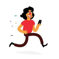 Illustration of a running man with a smartphone. The boy tries to catch everything. Image is isolated on white background. Illustration for banner, website and print. During. Cute mascot. vector