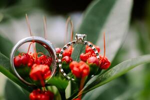 Amongst the vibrant red blossoms, the wedding ring rests, a symbol of enduring passion photo