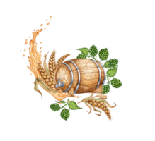 Wooden barrel with green hop leaves, ears of wheat and splashes of beer and other alcoholic drinks, watercolor illustration. Isolated from the background. Suitable for interior design, menus, product png