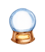 Crystal ball with glass sphere mounted on a brown wooden base with a gold nameplate watercolor illustration. Empty translucent ball isolated from background. For decoration design winter compositions. png