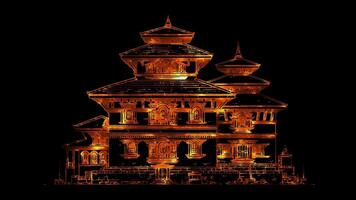 Neon frame effect Newari architecture, famous in the Kathmandu Valley of Nepal, glow, black background. video