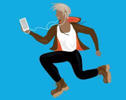 smiling guy enjoying music.The guy in the jump holds a phone in his hand and listens to his favorite music on headphones. Relax time with music. vector