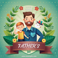 A man and a boy are standing in front of a green Happy Father's Day leafy background psd