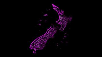 Neon frame effect map of New Zealand, glow, black background. video