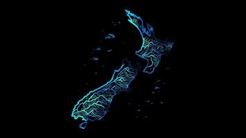 Neon frame effect map of New Zealand, glow, black background. video