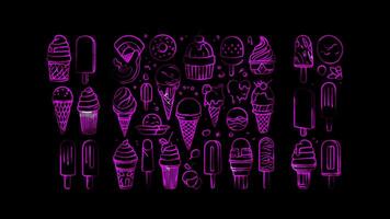 Neon frame effect various types of ice cream, glow, black background. video
